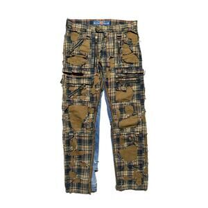 Blackmeans Shredded boro patchwork plaid cropped cargo denim